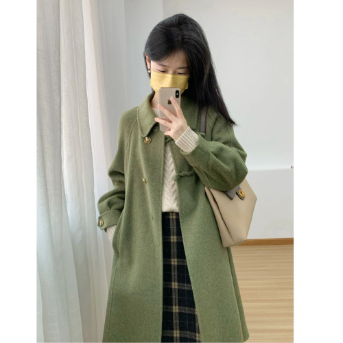  new design moss green French retro woolen coat for women autumn high-end vintage woolen coat for women