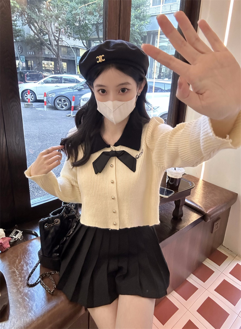 實拍~韓版學院風polo領蝴蝶結刺繡短款撞色毛針織衫上衣