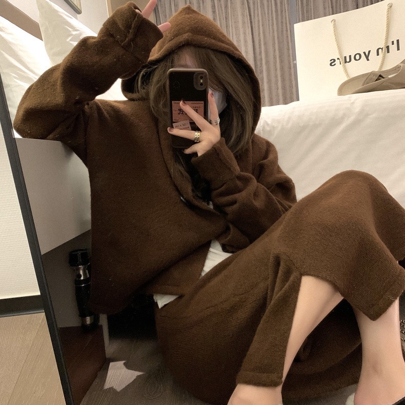 秋冬新款韓版單排扣開衫連帽毛衣外套女高腰顯瘦半裙時尚針織套裝