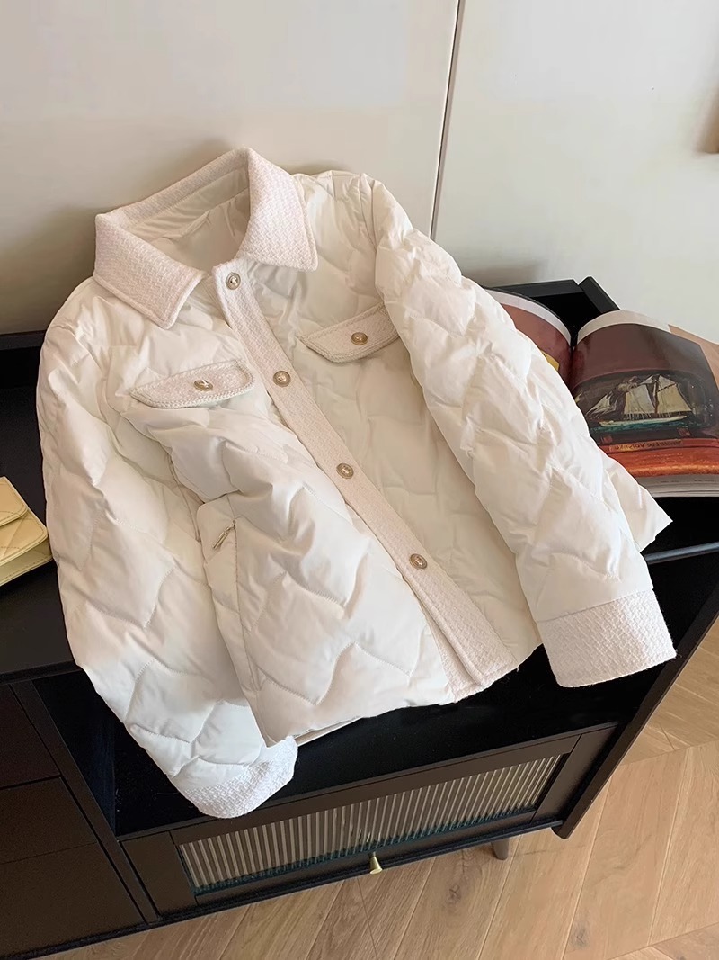 Xiaoxiang style lady's simple solid color splicing light cotton coat autumn and winter design POLO collar jacket trendy women