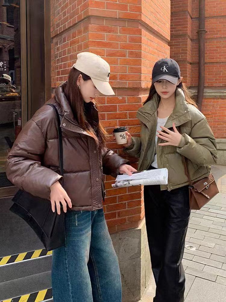 No-wash PU leather down-padded jacket for women, new ultra-short stand-up collar, thickened small man's bread jacket, winter outerwear