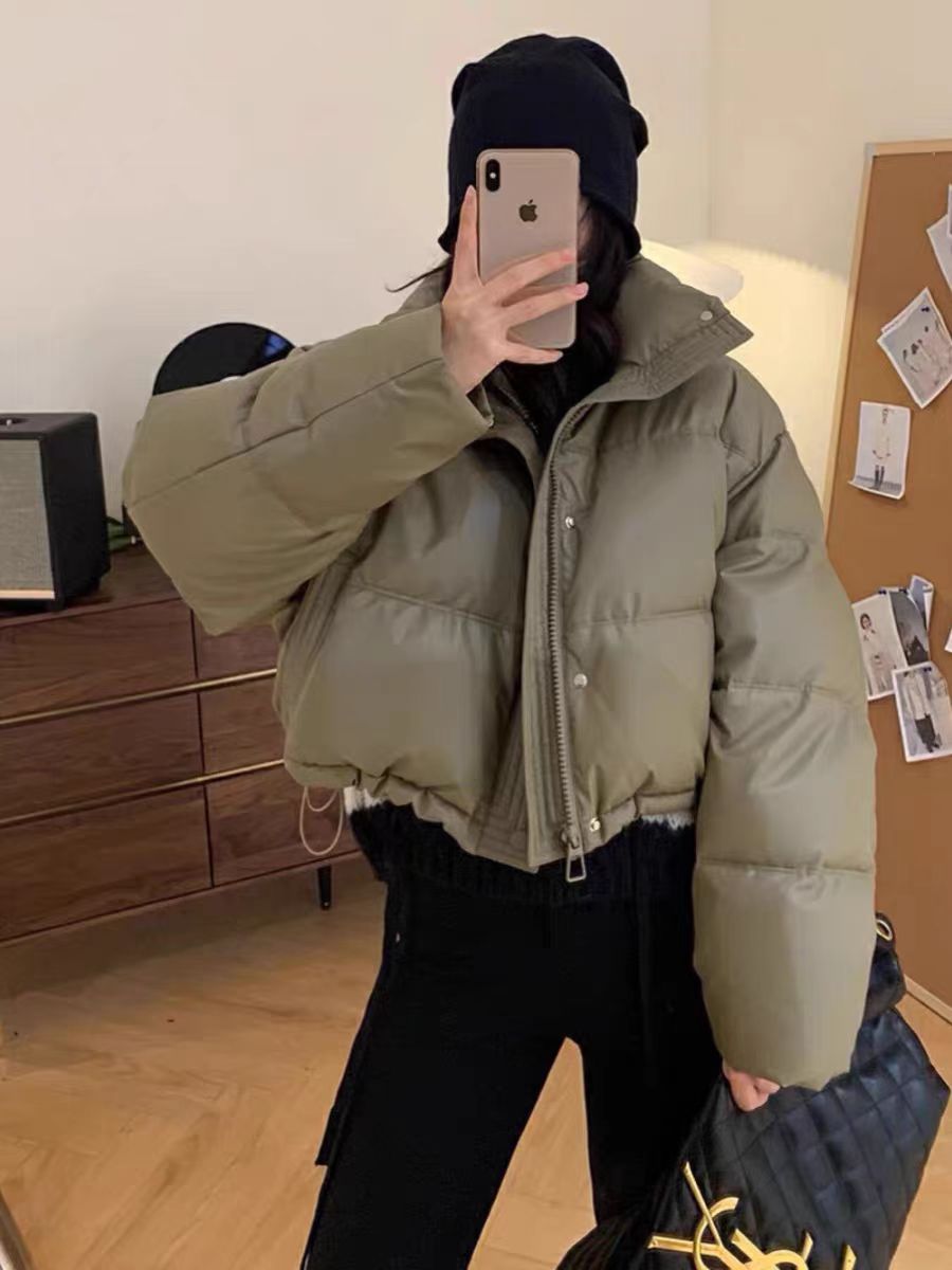 Actual shot of no-wash PU leather down jacket for women, new ultra-short stand-up collar and thickened small man's bread jacket for winter outerwear