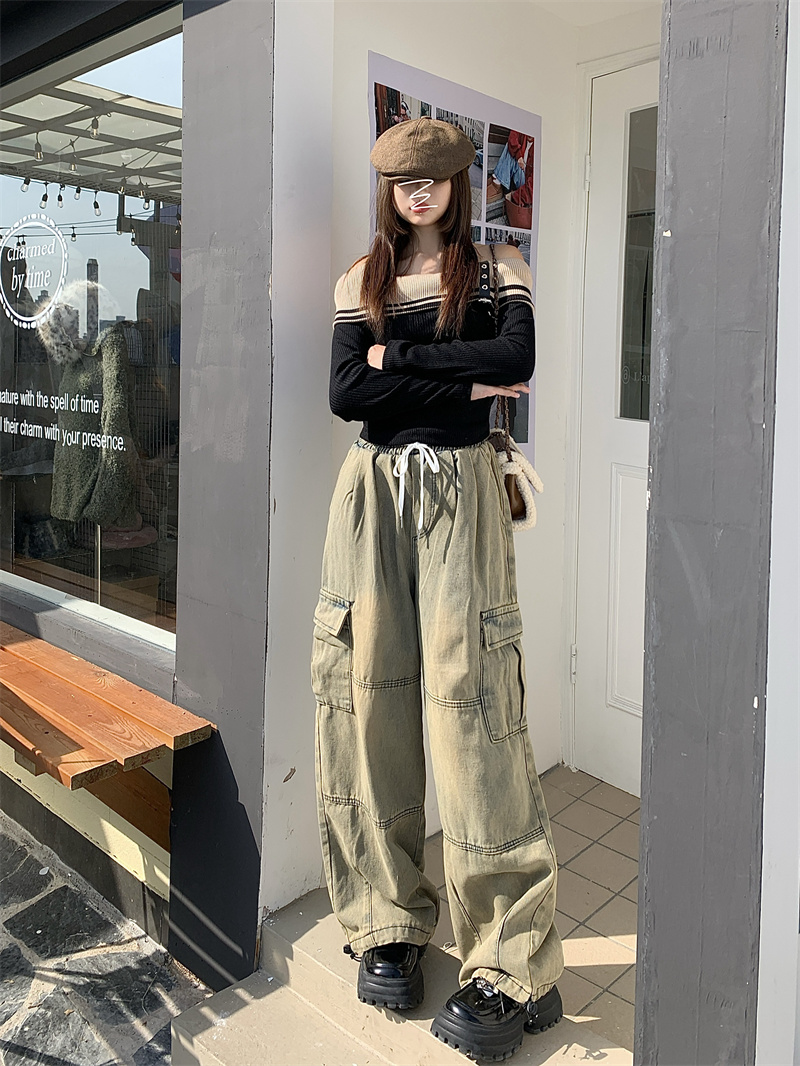實拍！街頭闊腿牛仔褲女秋冬新款嘻哈hiphop寬鬆工裝褲潮