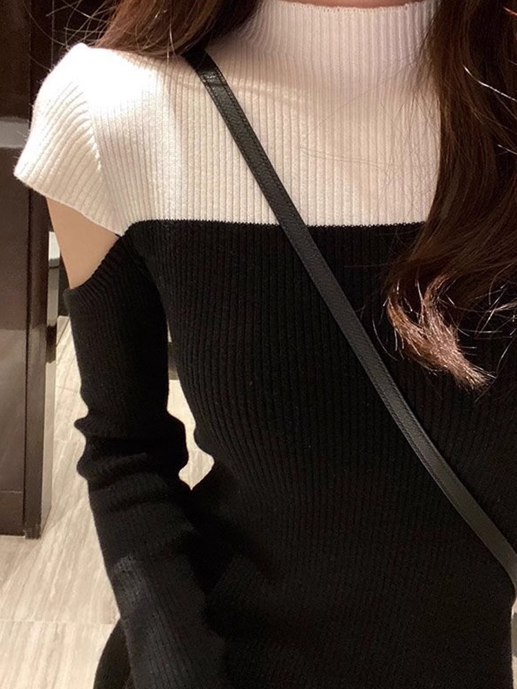 慵懶風長款毛衣裙過膝氣質法式內搭打底長袖露肩針織連衣裙女秋冬