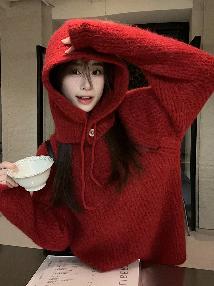 實拍 秋冬韓chic甜美風時尚氣質減齡套頭保暖毛衣送帽子