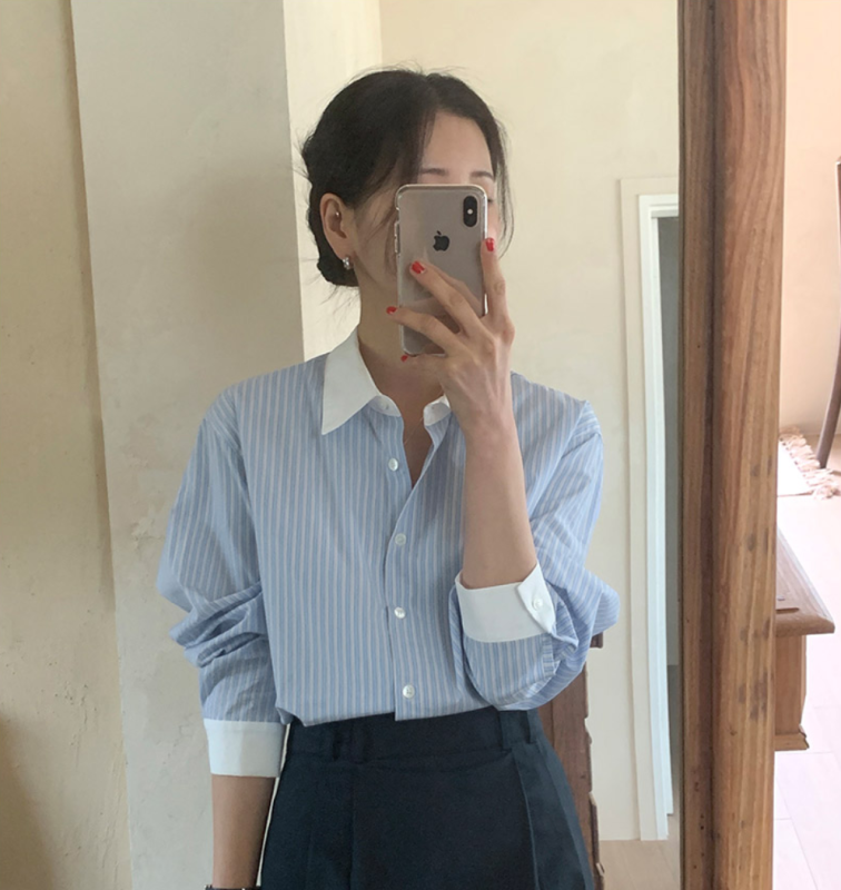 韓國chic春季小眾氣質撞色翻領寬鬆休閒百搭長袖條紋襯衫上衣女