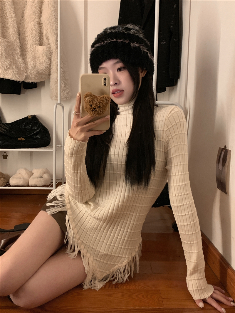 實拍 溫柔系法式高領修身內搭針織打底衫女高級感不規則毛衣