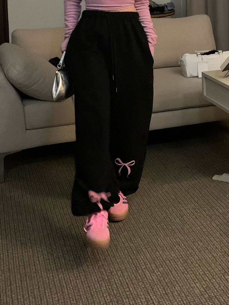 New Korean ins bow print plus velvet thickened sweatpants casual girls trousers elastic waist