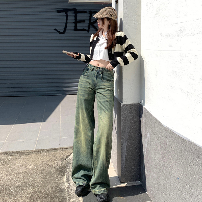 實拍~2024美式復古方形口袋懷舊闊腿牛仔褲辣妹低腰直筒拖地褲ins