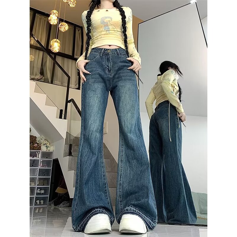 大碼美式復古微喇叭牛仔褲女秋冬胖mm寬鬆顯瘦高腰直筒闊腿拖地褲