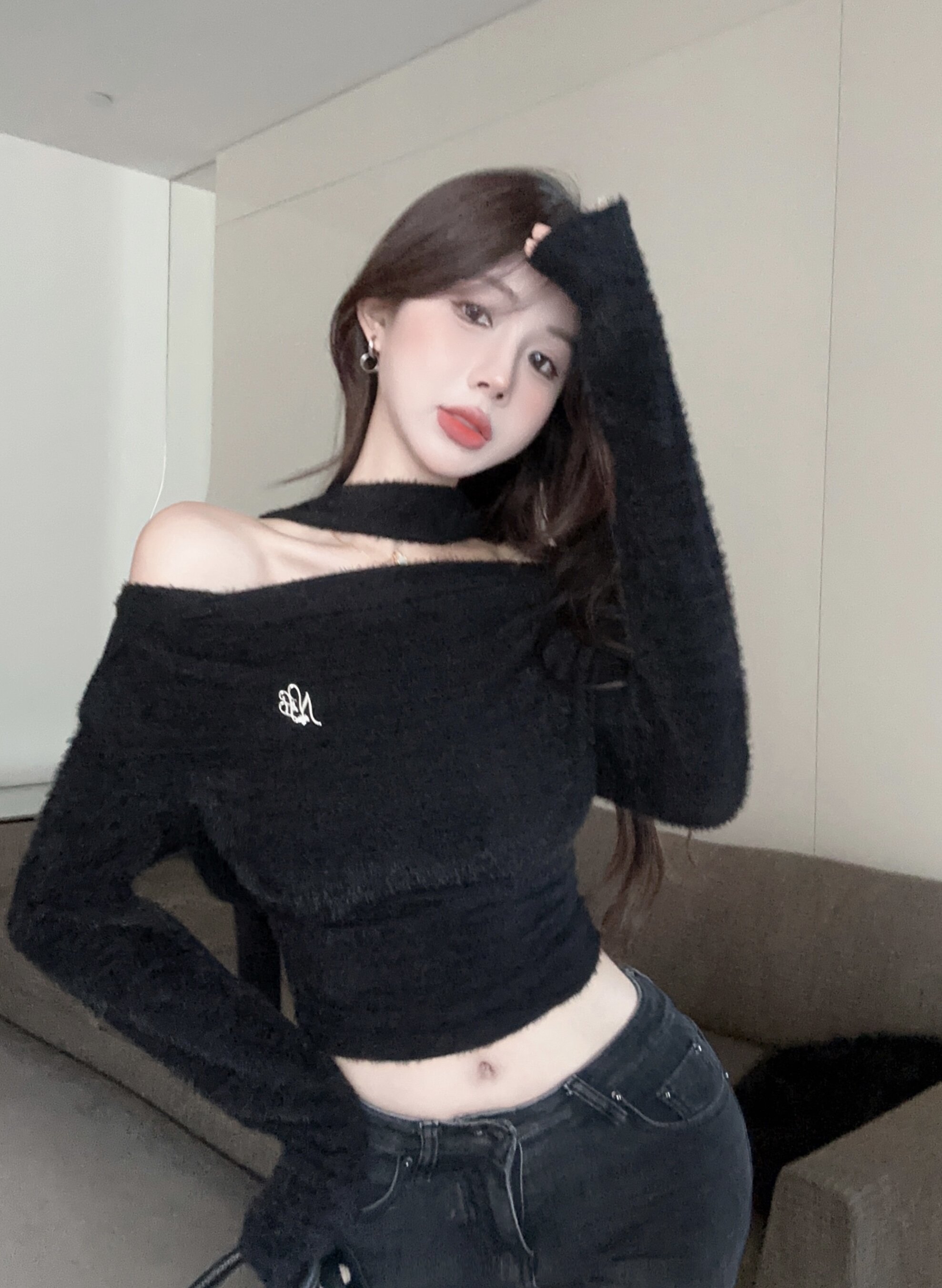 實拍 兩穿連帽毛織衫性感一字肩系帶掛脖辣妹短款長袖上衣女