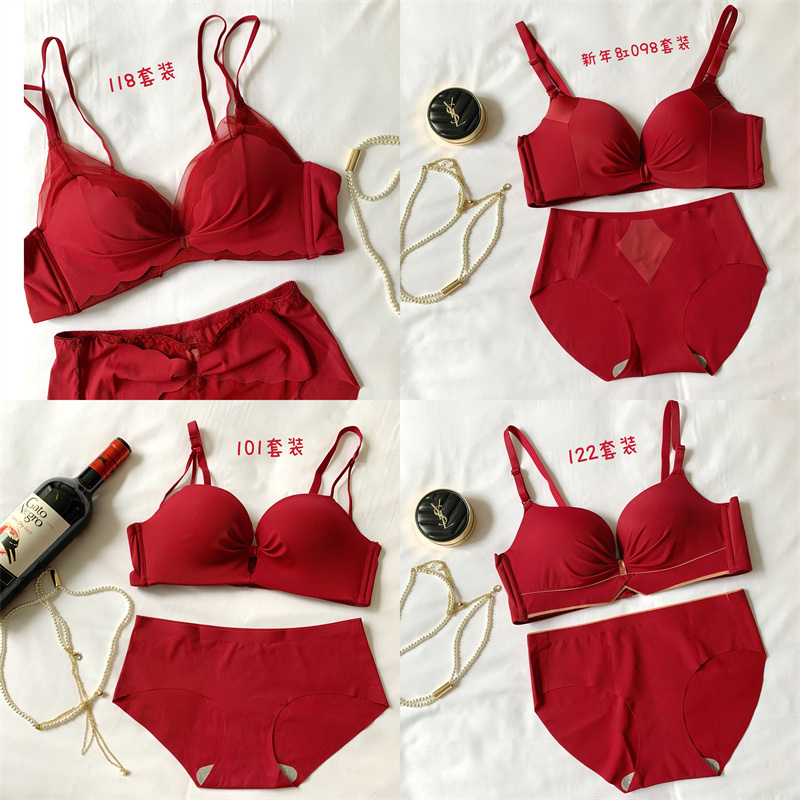 Real shot of red underwear, push-up, seamless, rimless, zodiac year wedding bridal bra set