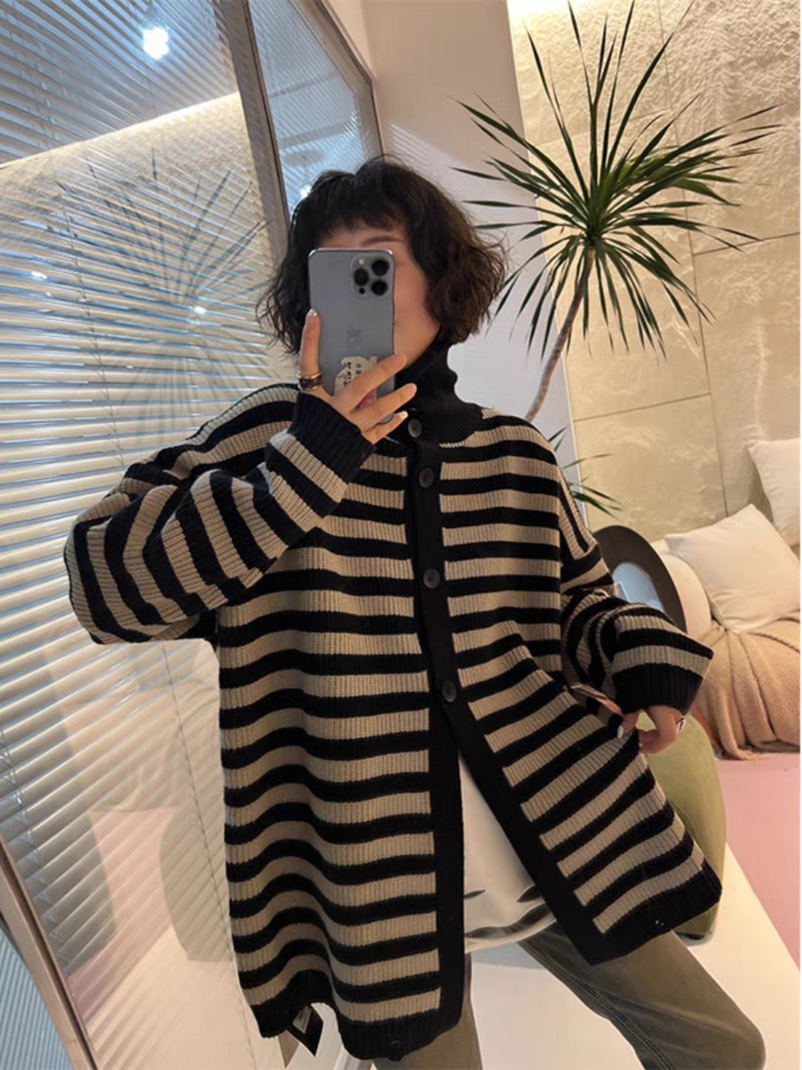慵懶風條紋拼接撞色時尚寬鬆百搭針織開衫歐美式別致獨特高領外套