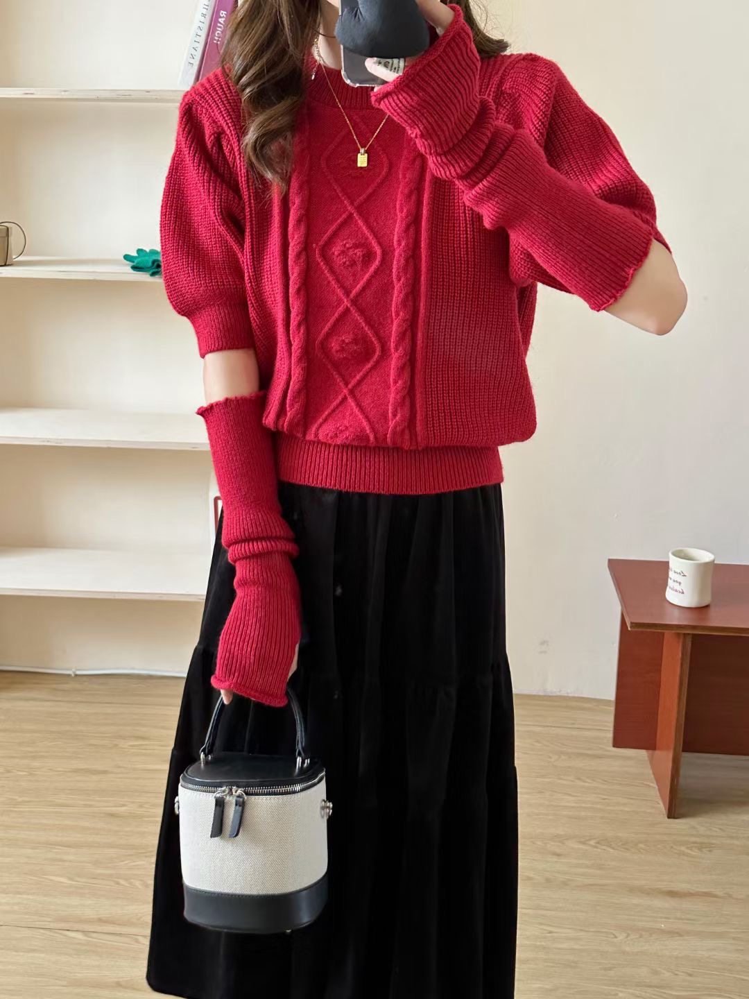 小香風毛衣女冬季高級感獨特别致可拆卸袖套泡泡袖針織打底衫上衣