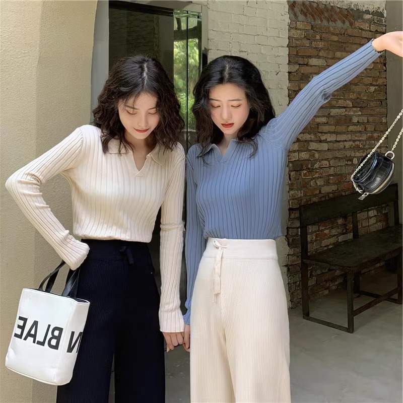 Polo翻領針織衫女溫柔風洋氣長袖上衣百搭修身打底V領毛衣女秋冬
