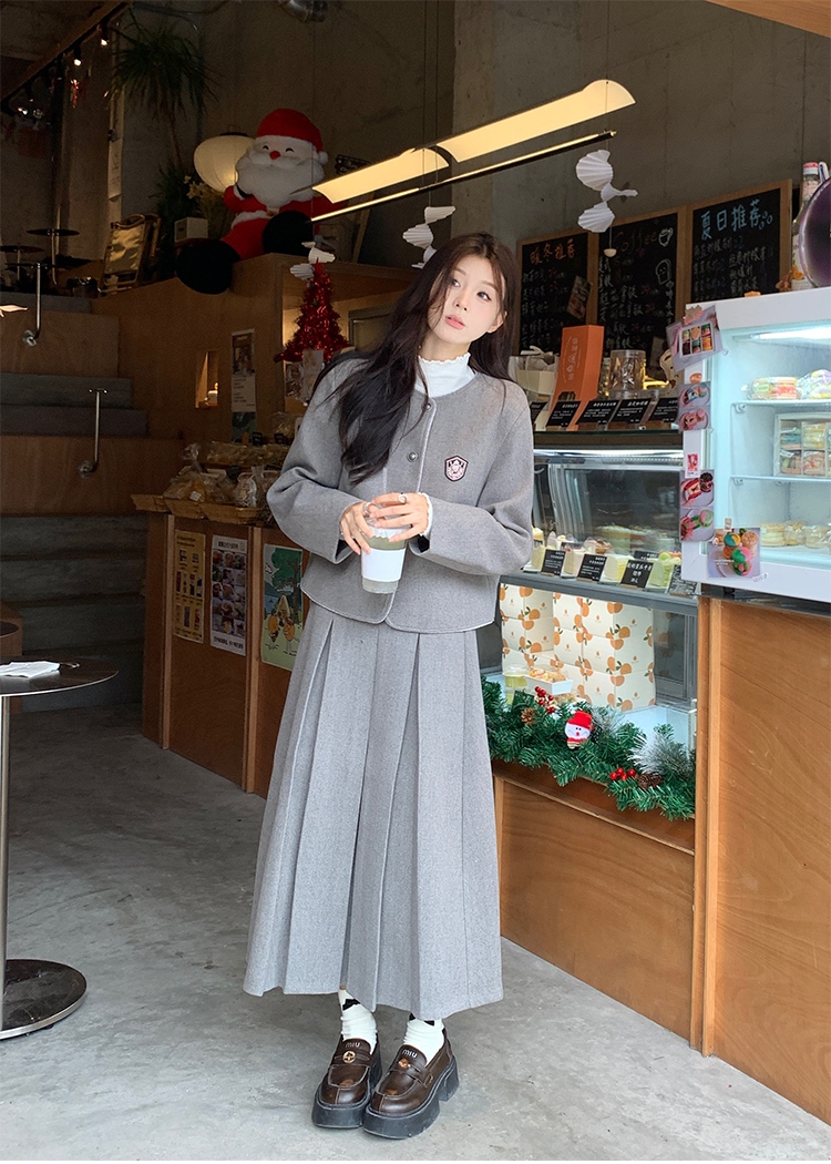 實拍 秋冬重工日系女高徽章加厚呢子制服外套套裝+加絨半身裙