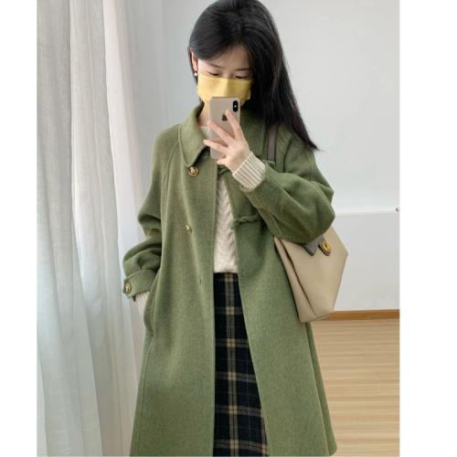  new design moss green French retro woolen coat for women autumn high-end vintage woolen coat for women