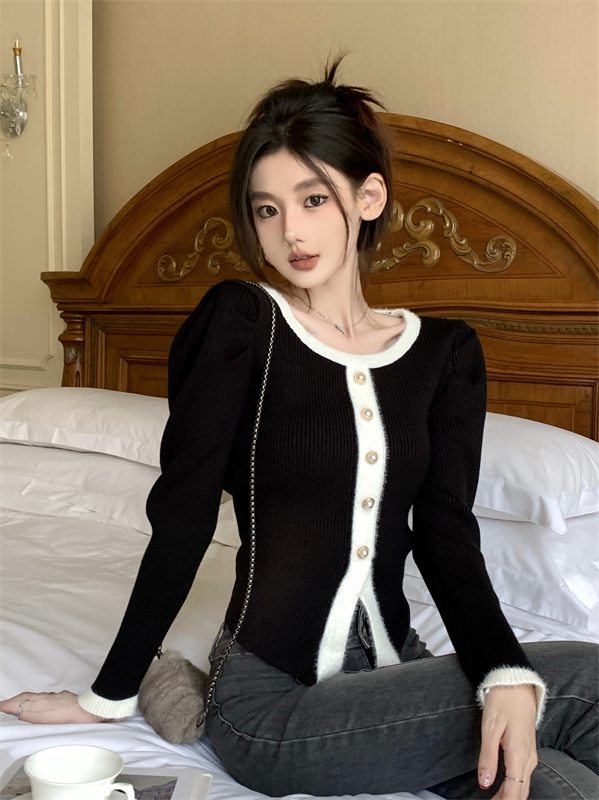 實拍黑色小香風毛衣小個子設計感小眾高級感泡泡袖短款針織衫