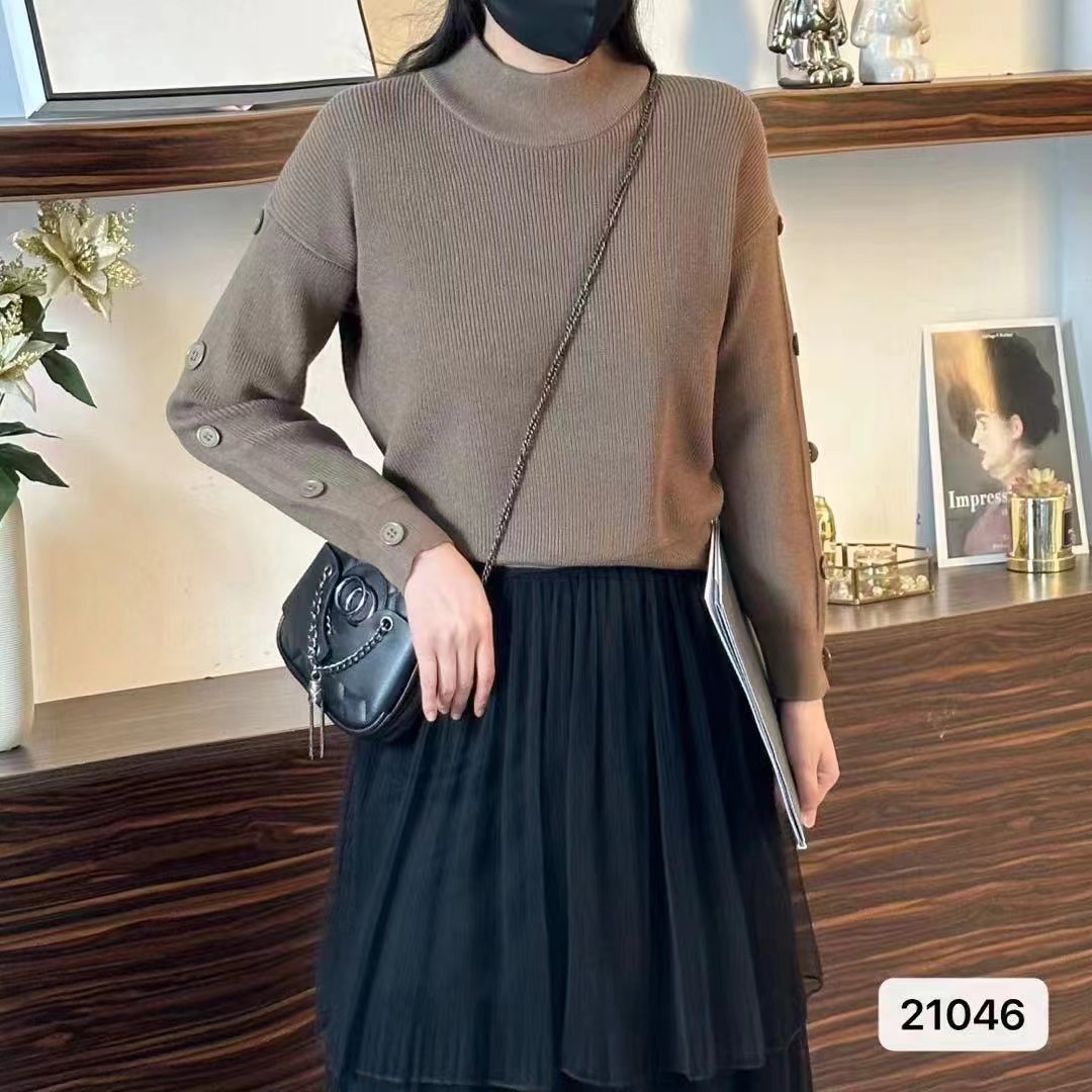 2023秋冬新款韓版半高領純色排扣袖百搭長袖上衣女