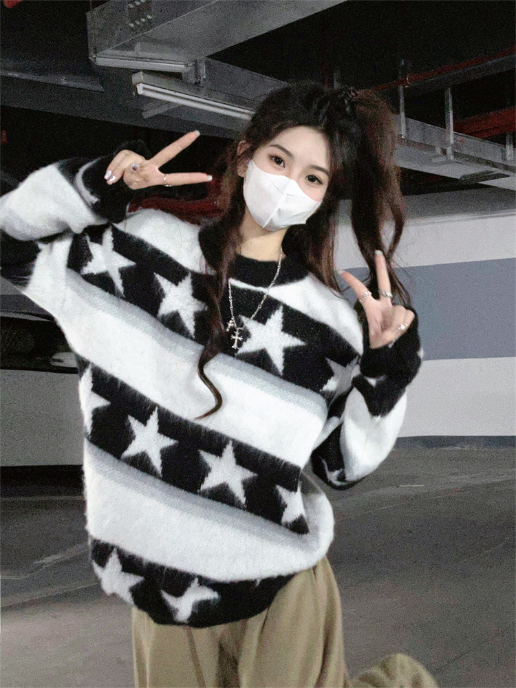實拍美式甜心撞色條紋星星毛衣女秋冬新款顯瘦百搭個性