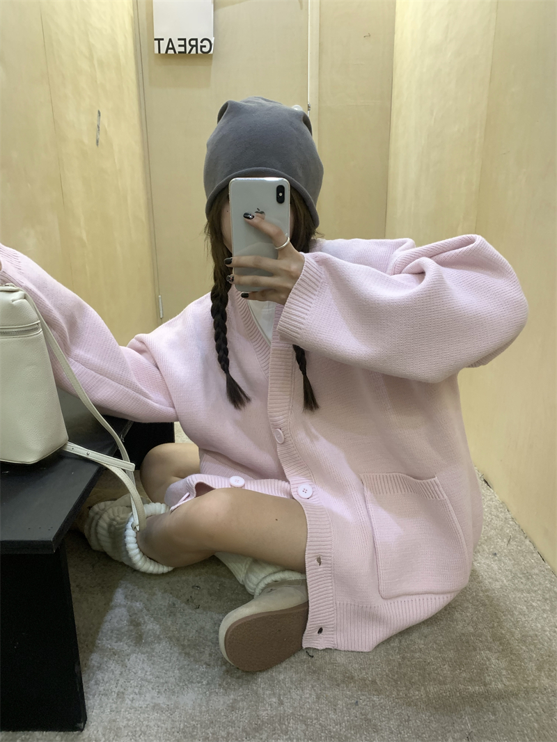 實拍  加厚新款單排扣羊毛厚實外套ins純色寬鬆慵懶風針織開衫