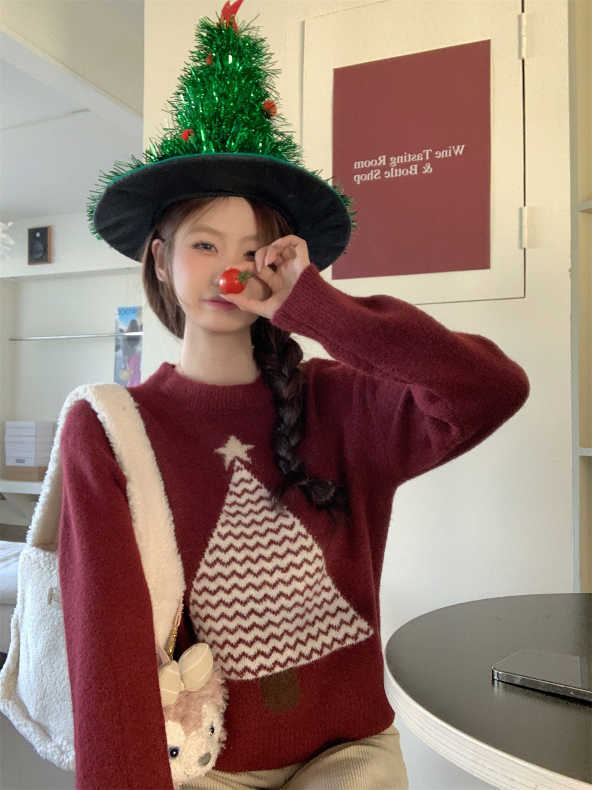 實拍 秋冬韓版寬鬆紅色聖誕樹提花氛圍北極絨針織內搭毛衣女