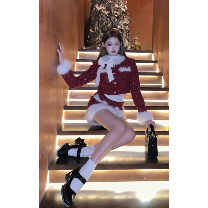 畫解WAHJU聖誕告白夜 格紋小香風套裝女秋冬夾棉短外套半身裙子