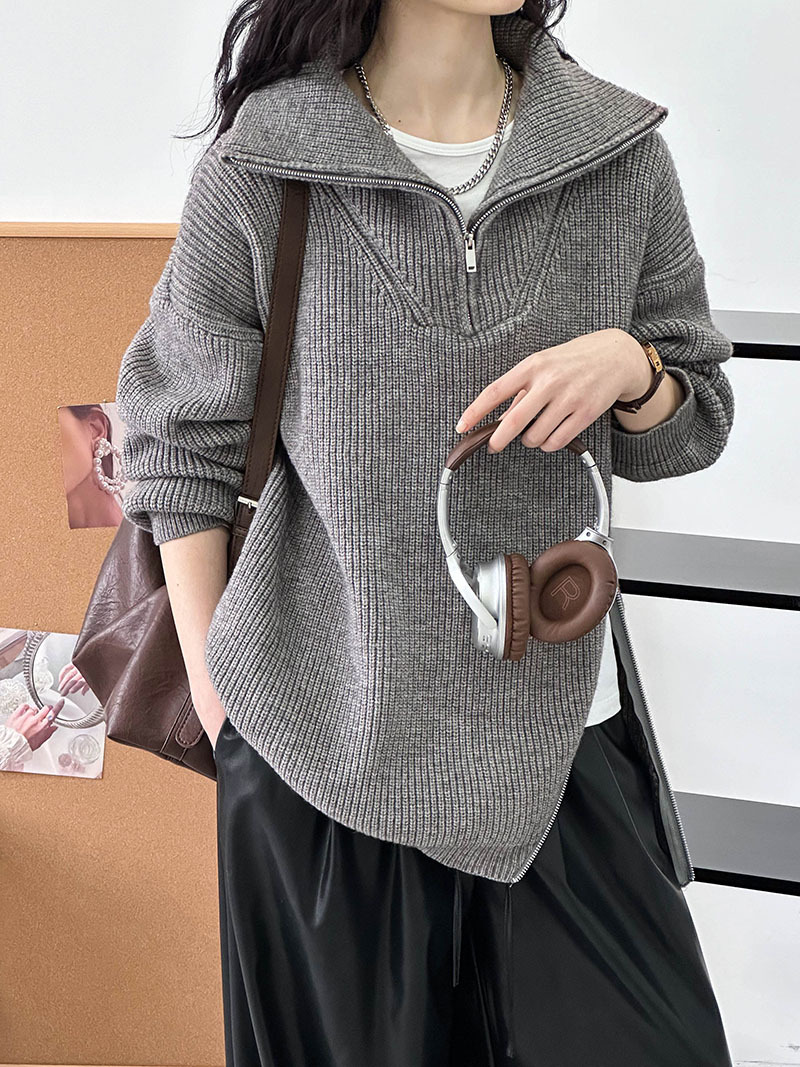 Actual shot ~ Winter must-have women's half-pull lapel knitted top, fashionable and design top