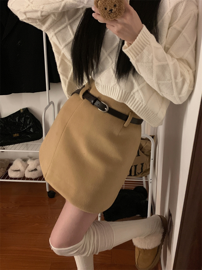 實拍   冬季辣妹設計感毛呢收腰半身裙A字裙小開叉短裙