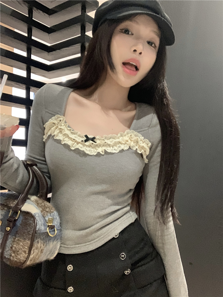 實拍~蕾絲花邊拼接磨加絨長袖T恤女甜美修身內搭打底衫