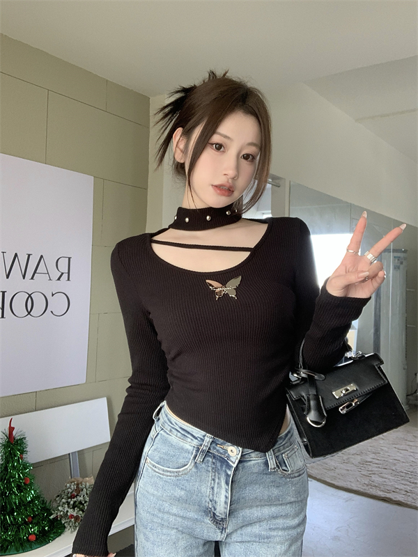 實拍美式復古長袖T恤秋冬新款修身顯瘦內搭別致不規則打底衫