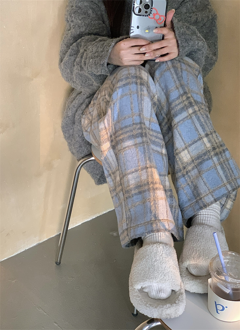實拍~秋冬復古慵懶加厚磨毛藍格子毛呢褲長褲休閒直筒褲