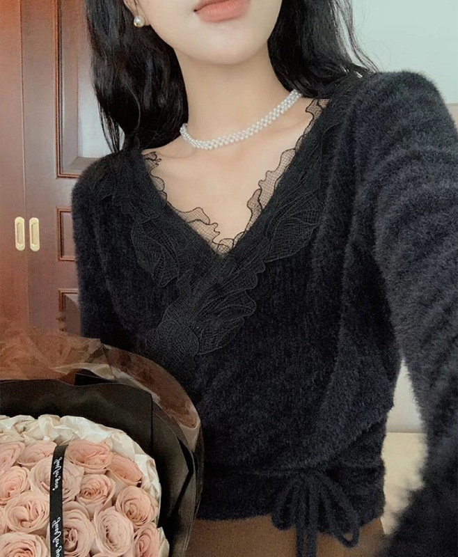 氣質優雅蕾絲邊軟糯毛衣女秋冬季交叉V領綁帶收腰仿貂絨針織衫