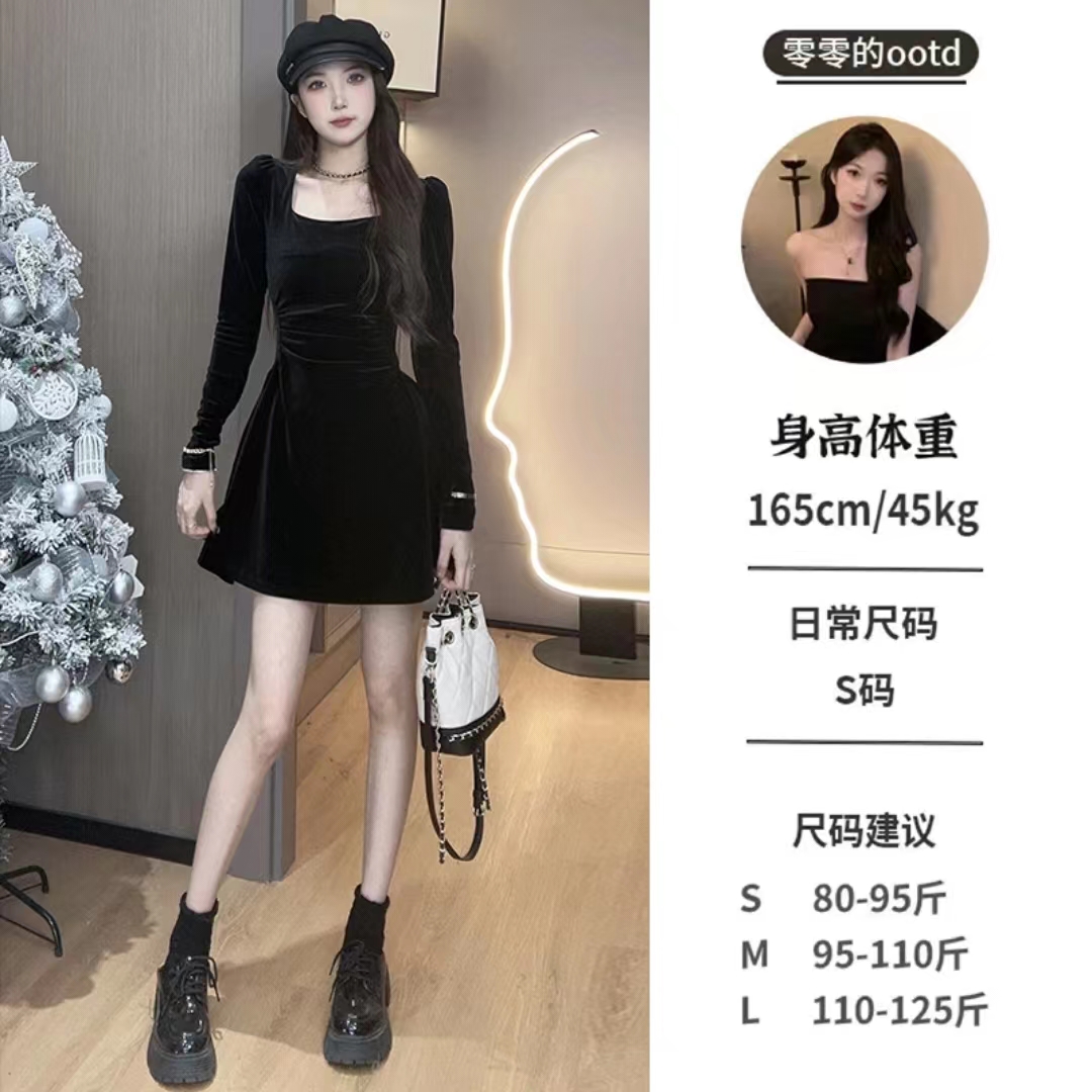 零零推薦法式方領性感絲絨百搭保暖氣質顯瘦修身連衣裙女