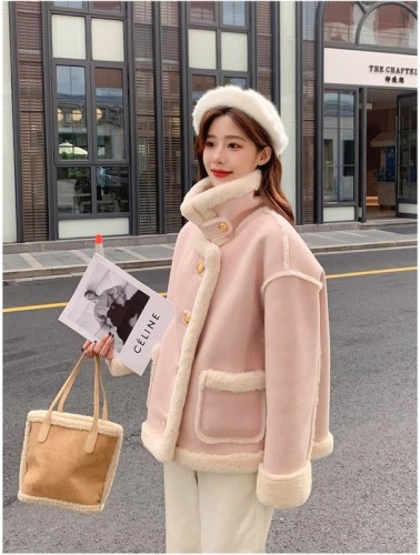 Pink small fragrant style fur one-piece jacket for women  winter new Korean style velvet thickened motorcycle jacket