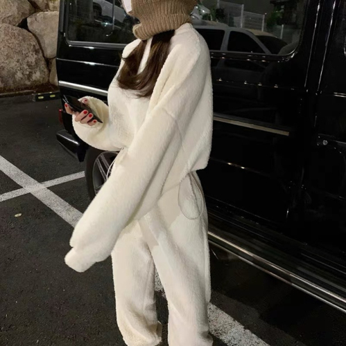 韩国羊羔绒短款卫衣女冬季保暖宽松纯色减龄阔腿束脚卫裤两件套潮