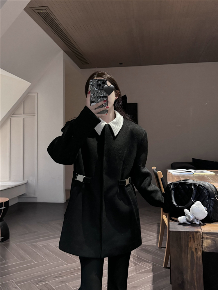 實拍~南韓大女主收腰設計感可拆卸針織領厚呢料西裝毛呢外套
