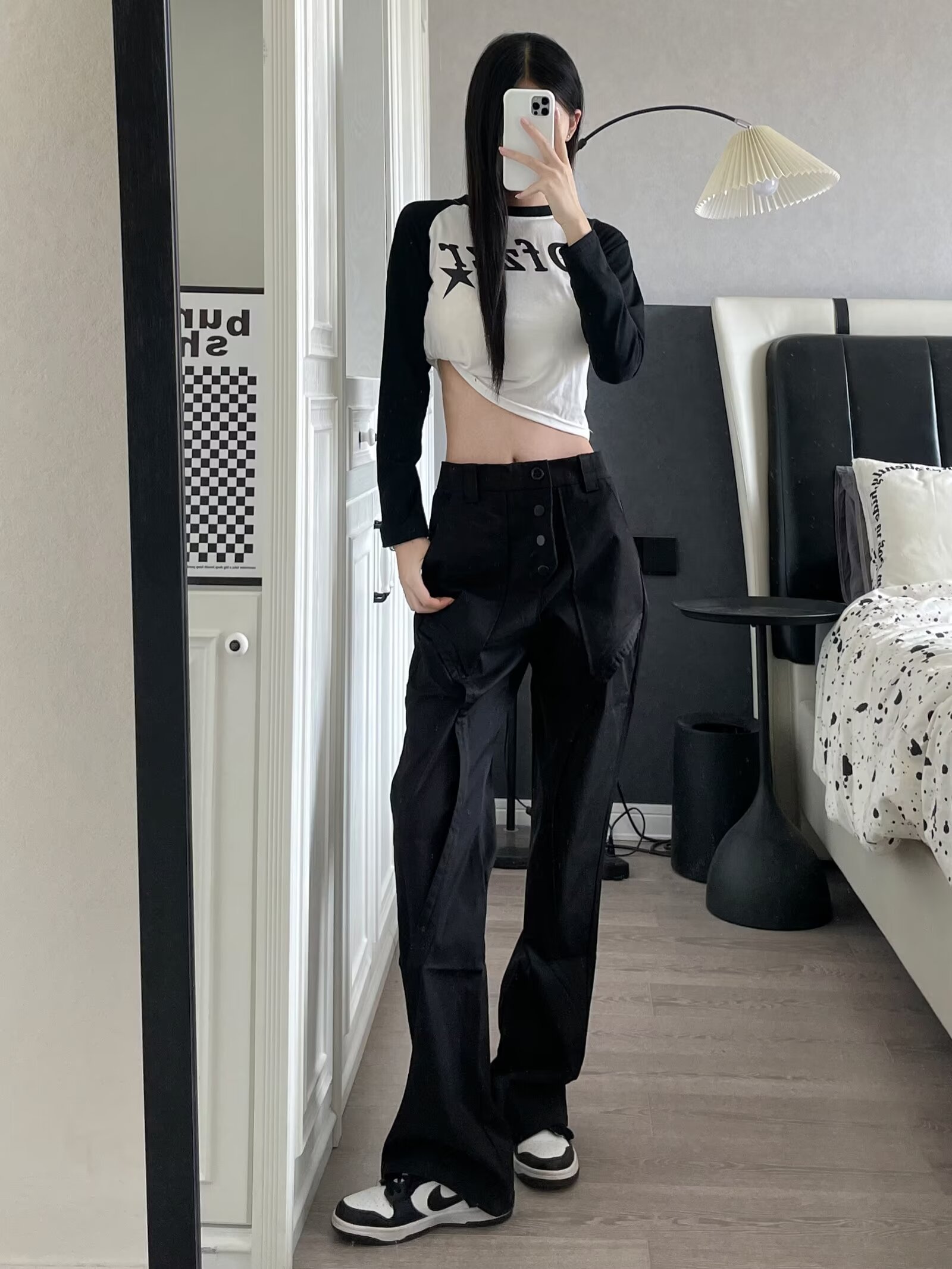 美式高街解構風黑色休閒褲女設計感直筒寬鬆顯瘦百搭褲子潮