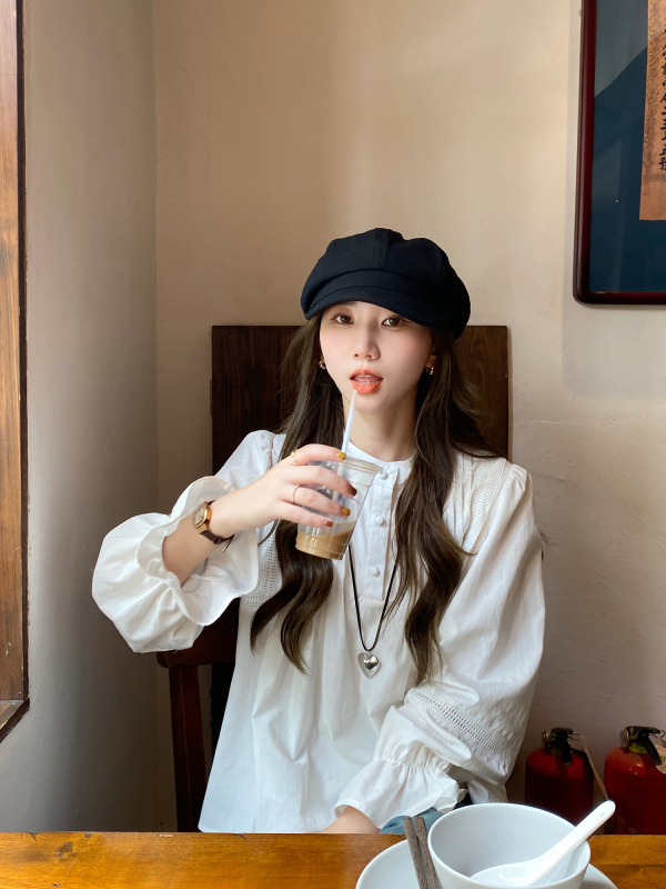 Berry 喜你而歡大龐定製 白色喇叭袖立領襯衫女春長袖寬鬆娃娃衫