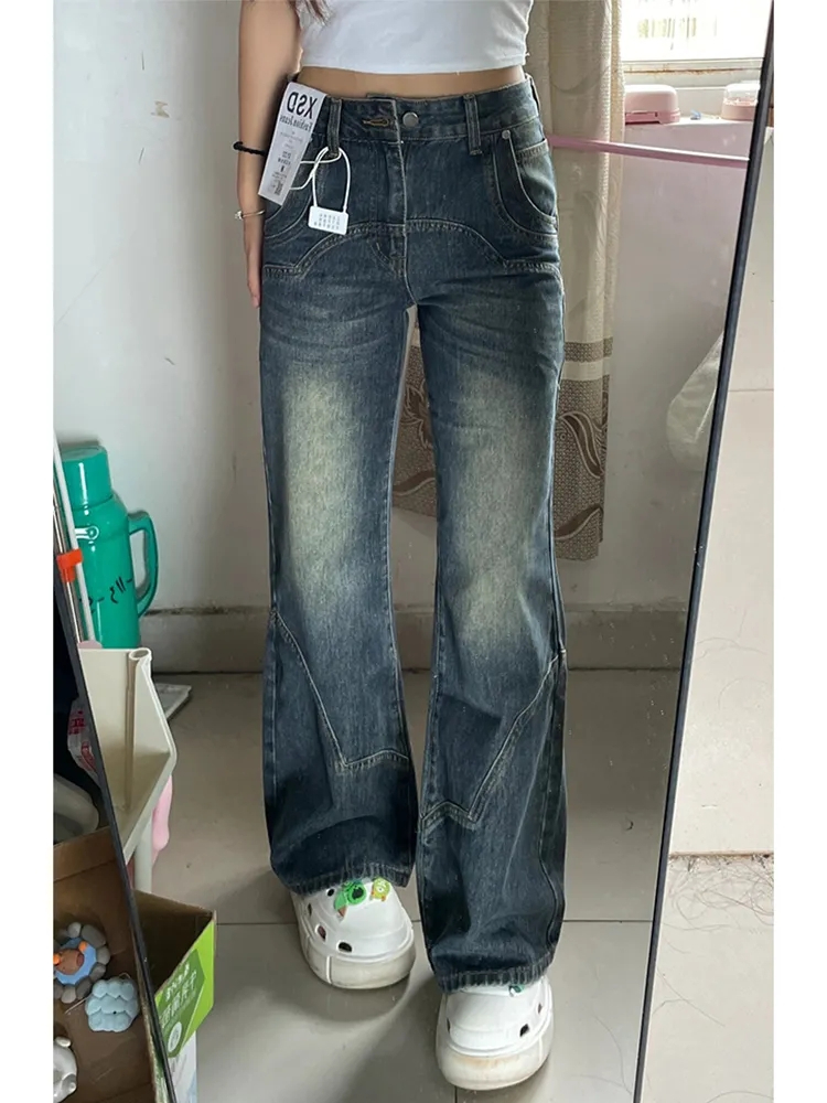 牛仔褲女冬季新款高腰做舊水泥灰微喇寬鬆遮肉顯瘦直筒喇叭長褲子