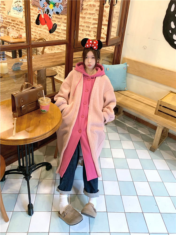 Actual shot ~ Fake two-piece hooded contrasting color lamb coat for women, winter lazy, loose, velvet and thickened long coat