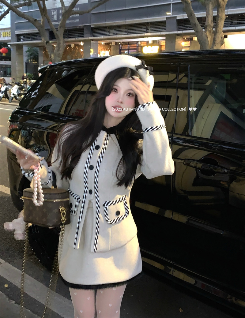 Actual shot of suede quilted jacket, high-end pinch waist slimming jacket, versatile skirt two-piece set