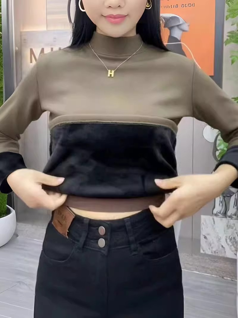 莫代爾複合真超  加絨加厚純色半高領打底衫女時尚洋氣t恤上衣潮