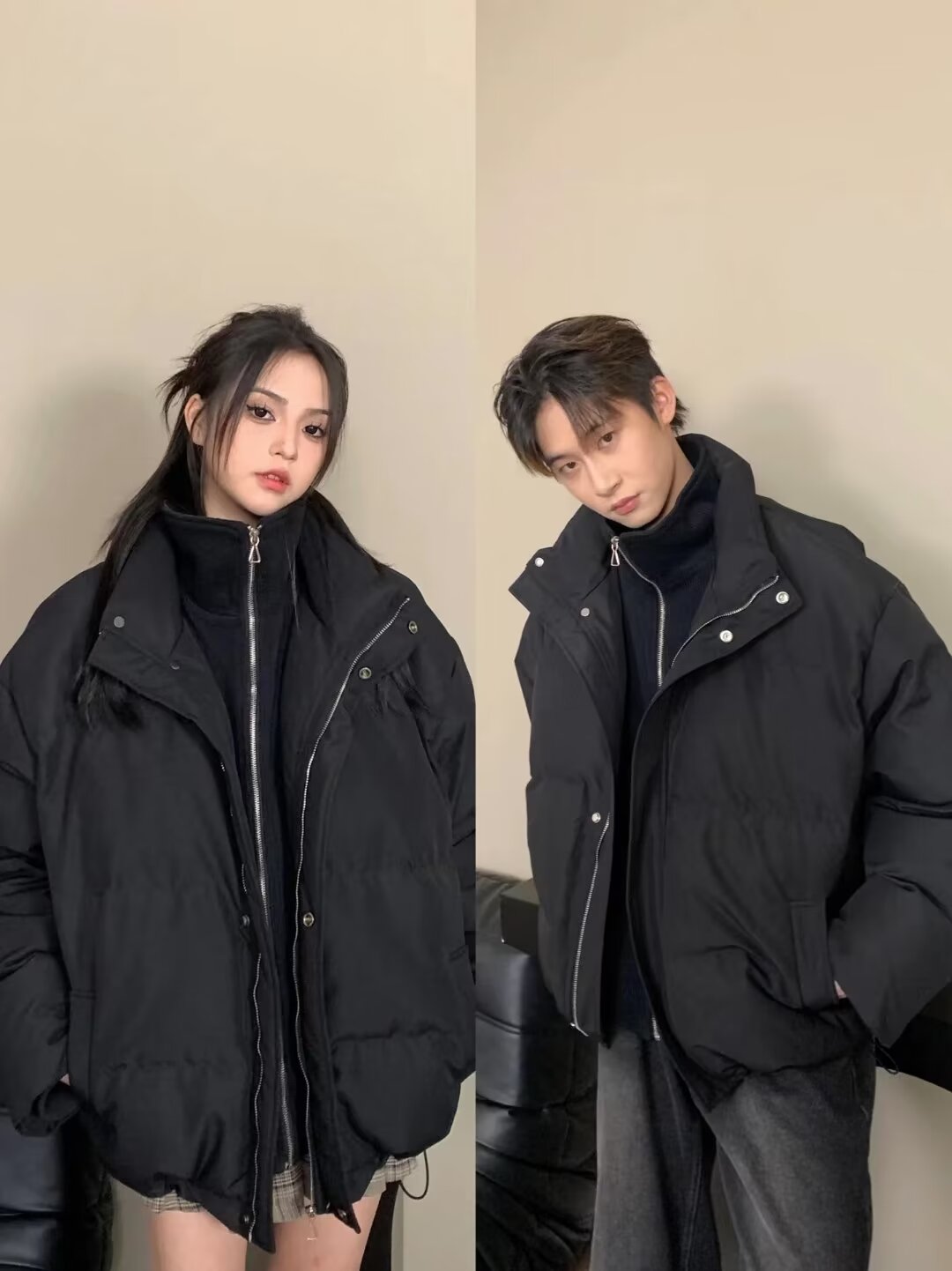 Winter new men's and women's fake two-piece cotton-padded jackets, loose casual stand-up collar, thickened design, cotton-padded jackets, trendy