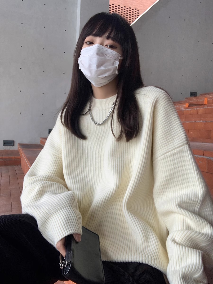 SIXI四喜家春秋 純色廓形圓領毛衣女寬鬆休閒慵懶風加厚針織外套