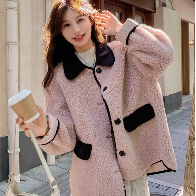 Lamb fleece jacket for women 2023 Korean style Dongdaemun new pink autumn and winter clothing new Korean style casual loose top