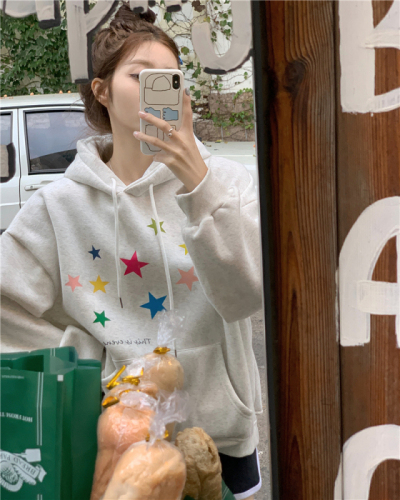 Official picture of colorful star printed loose velvet hooded sweatshirt autumn and winter casual versatile jacket