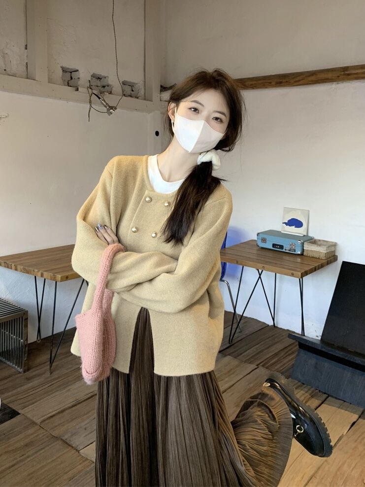 實拍~韓系雙排扣圓領下擺開叉針織毛衣厚外套