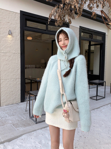 实拍 秋冬韩chic甜美风时尚气质减龄套头保暖毛衣送帽子
