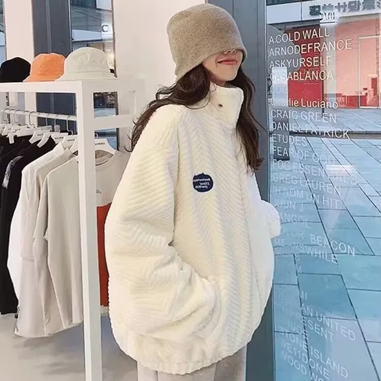Stand collar imitation rabbit fur lamb velvet coat for women 2023 new autumn and winter thickened cotton coat loose street style short coat